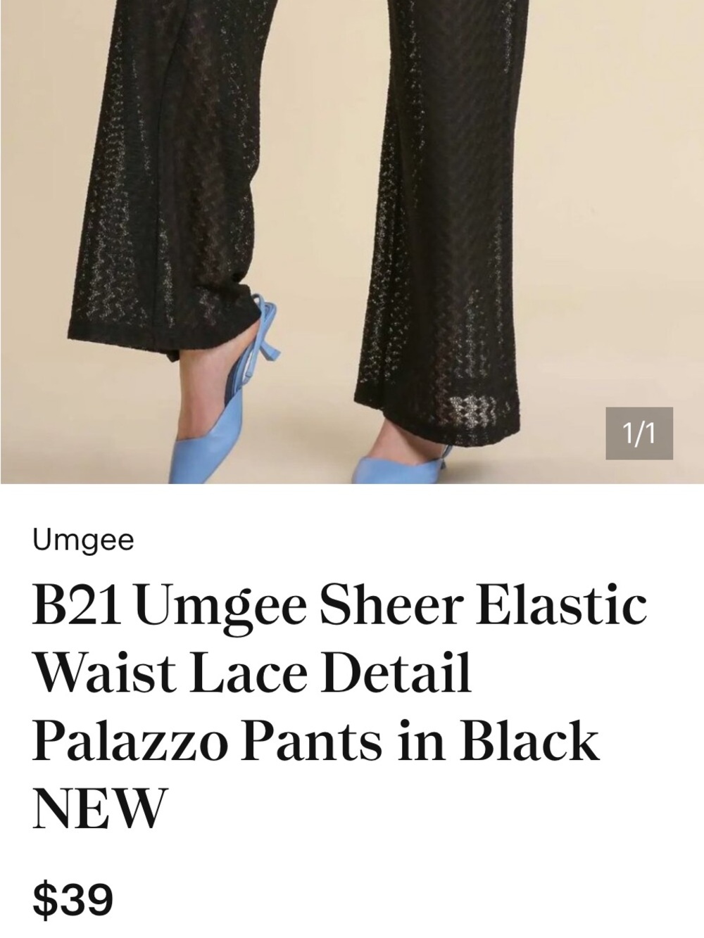 Umgee Sheer Elastic Waist Lace Detail Palazzo Pants in Black Small 
NEW